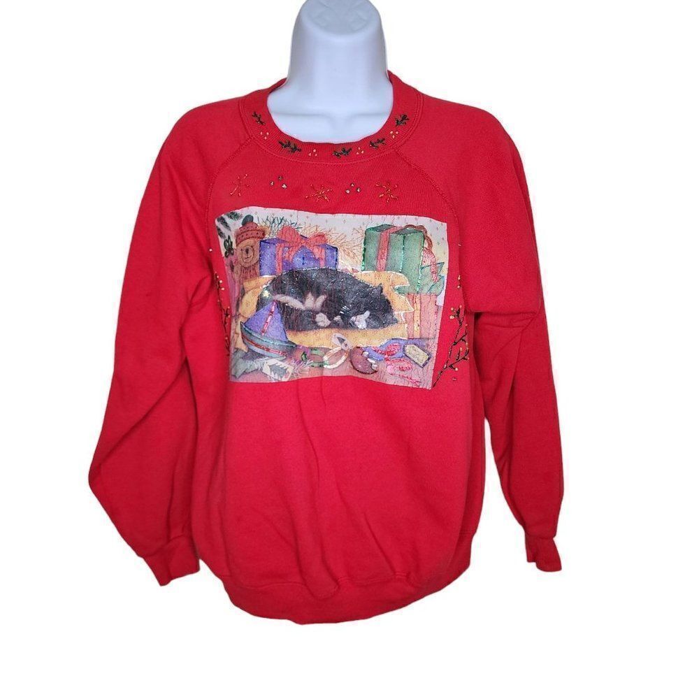 Vintage 80s Christmas Cat Sweatshirt Womens Size L Red Grannie Core Acrylic Pain